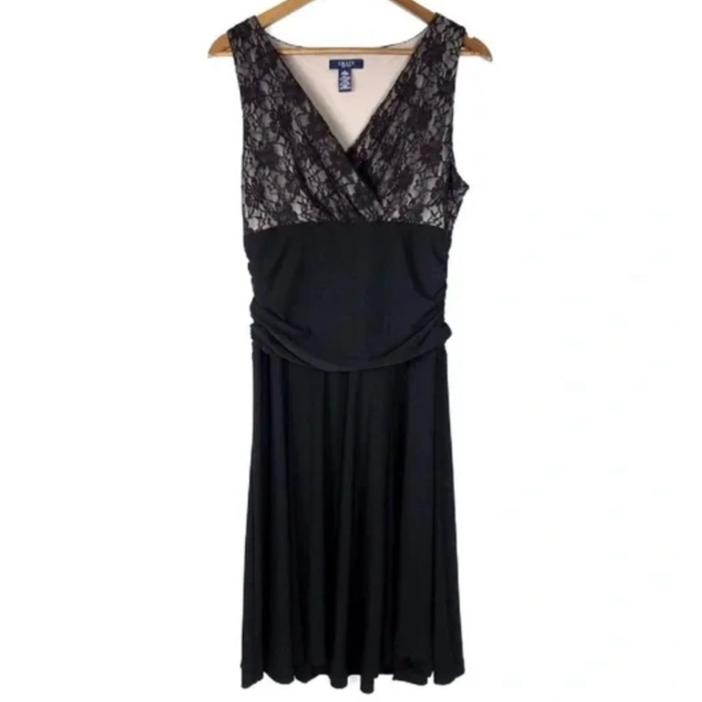 Chaps Black Floral Lace V-Neck Sleeveless Banded Waist Shift Stretch Dress 16W